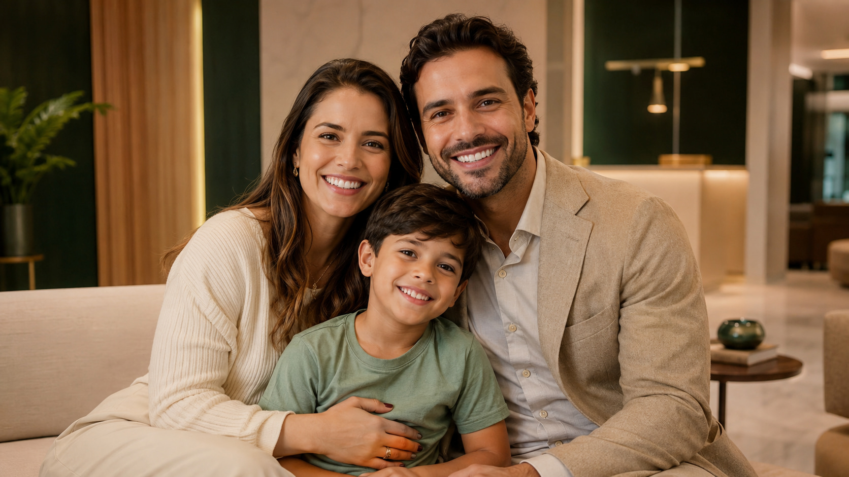 Família sorrindo em um ambiente acolhedor